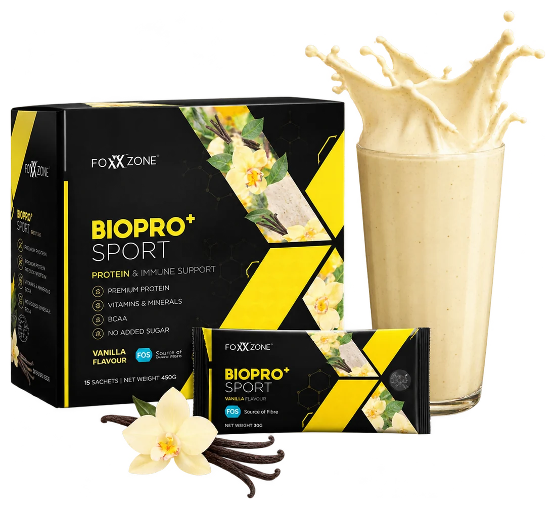 Biopro+ Sport: caja, sobre y batido de vainilla