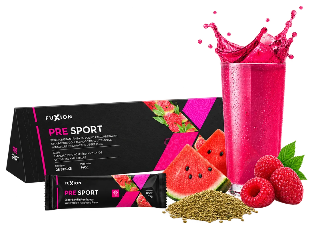 Pre Sport de FuXion: caja de 28 sticks, stick y vaso de bebida